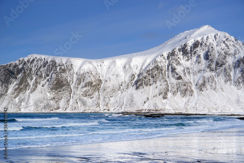 Cold alpine landscape in Lofoten Archipelago, Norway, Europe