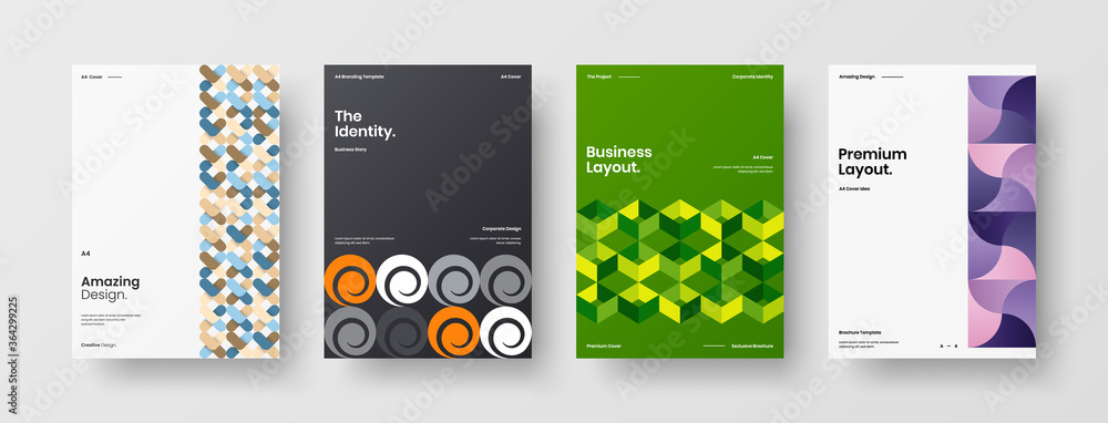 Company identity brochure template collection. Business presentation vector A4 vertical orientation front page mock up set. Corporate report cover abstract geometric illustration design layout bundle. Company identity brochure template collection. Business presentation vector A4 vertical orientation front page mock up set. Corporate report cover abstract geometric illustration design layout bundle.