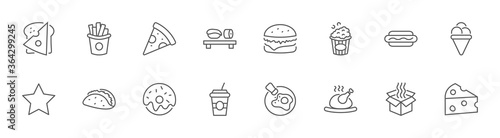 Foods, Drinks Line Icons. Pizza, Egg, Meat, Sushi, Chicken, Hamburger. Stroke