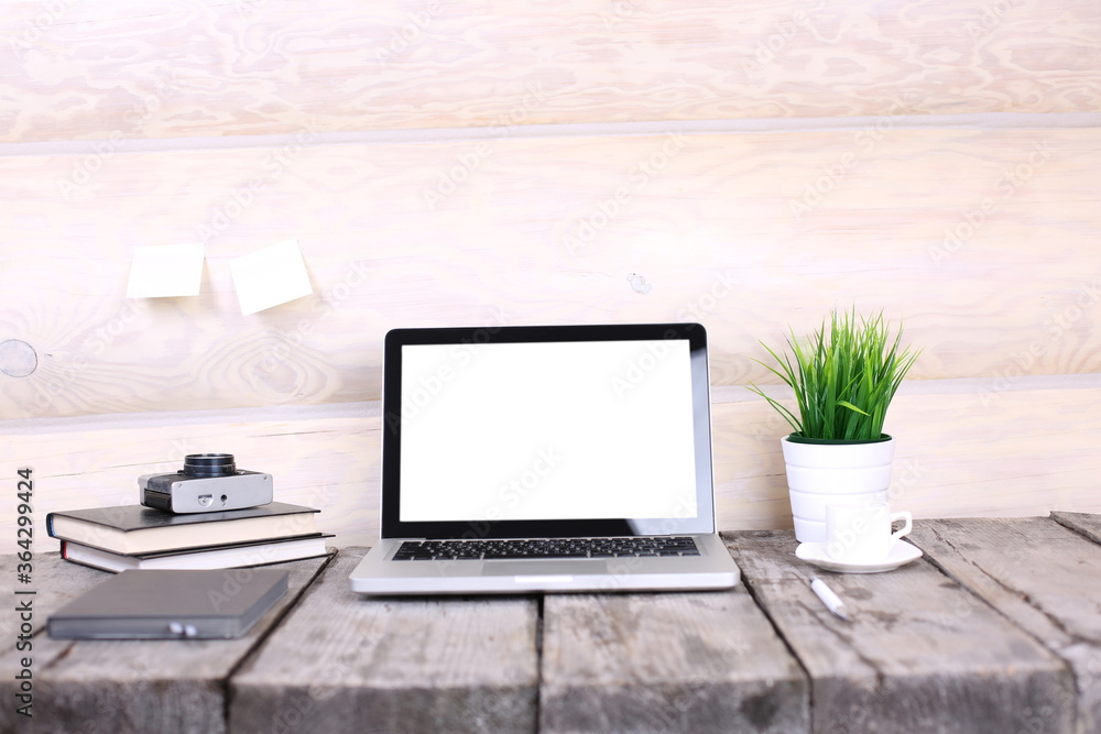 Fototapeta premium Work place concept : Mock up Blank screen computer desktop with keyboard co-working background
