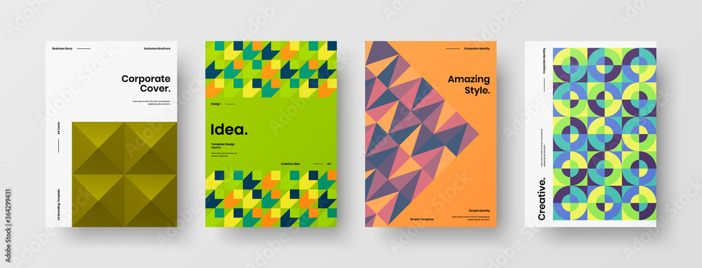Fototapeta premium Company identity brochure template collection. Business presentation vector A4 vertical orientation front page mock up set. Corporate report cover abstract geometric illustration design layout bundle.