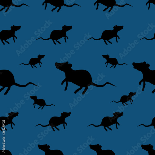 Black rat. Seamless vector pattern. Rodent on an isolated blue background. Silhouette. Peddler of plague and other diseases. An animal is a natural reservoir of infection. Science, medicine.