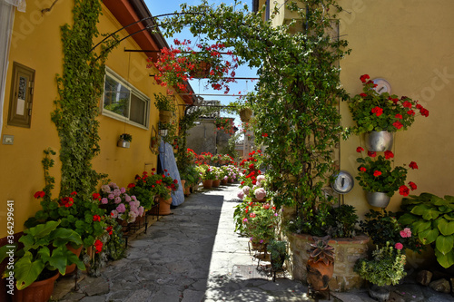 A street decorated with flowers in the medieval town of Cairano in the province of Avellino, Italy. © Giambattista