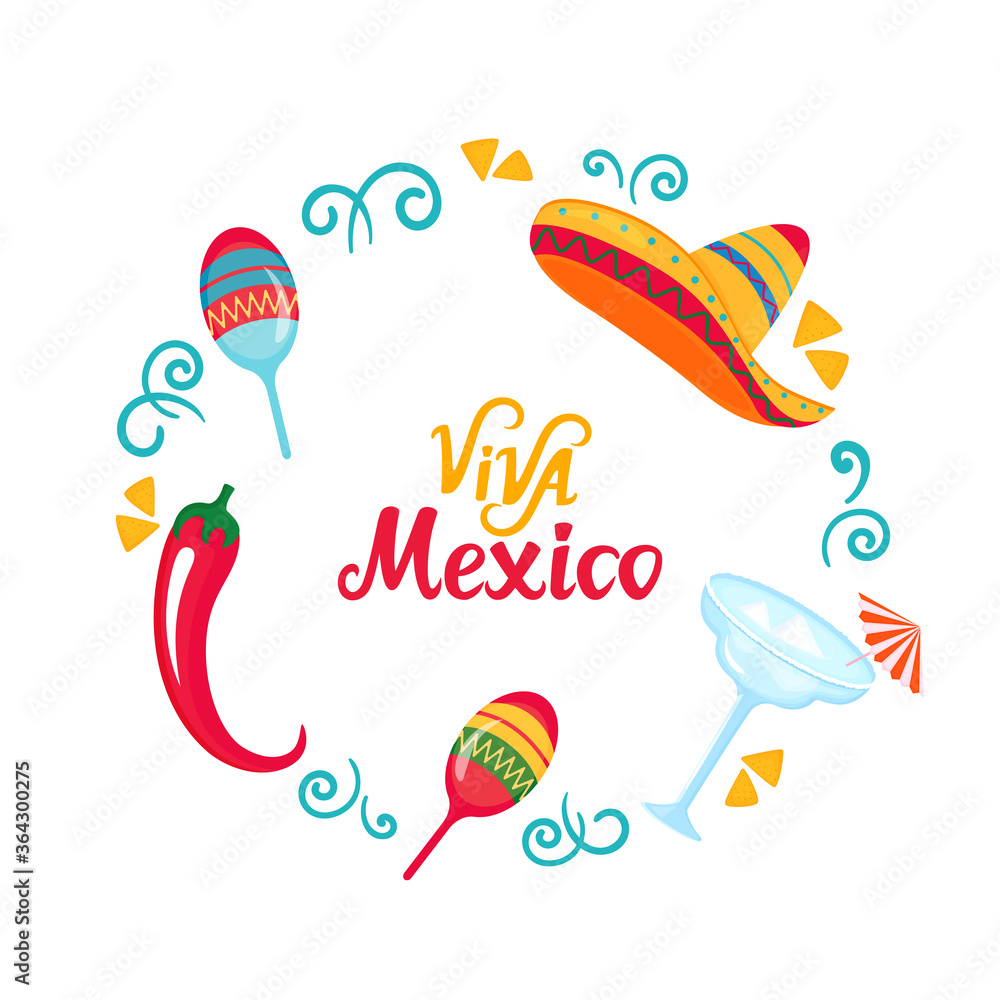 Viva Mexico hand drawn lettering. Poster with sombrero, maracas, margarita and chili pepper. Independence Day Viva Mexico hand drawn lettering. Poster with sombrero, maracas, margarita and chili pepper. Independence Day