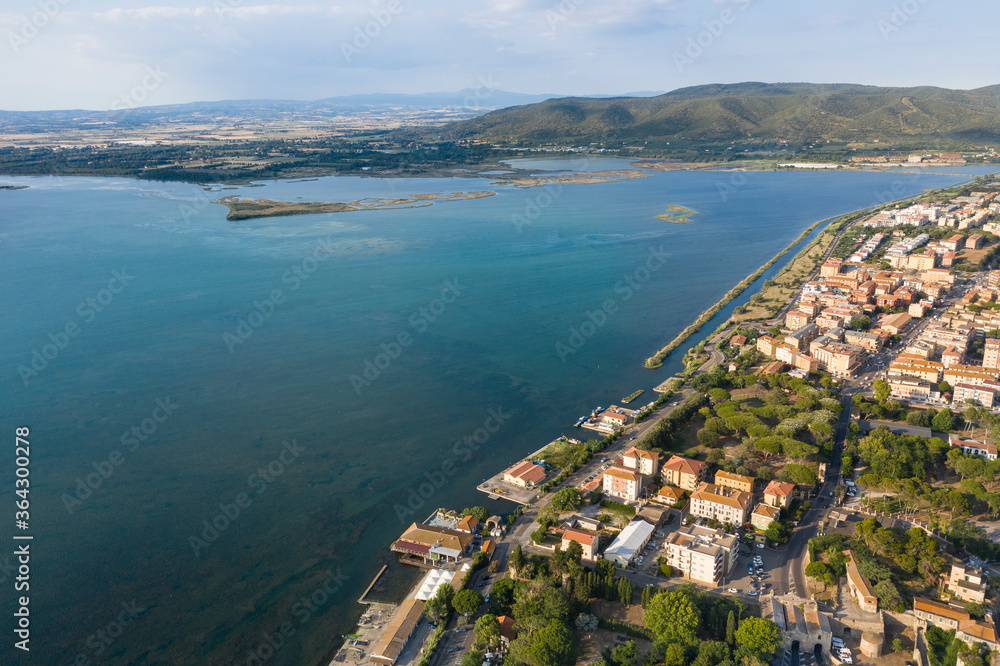 Aerial view of the seaside town of Orbetello on the tuscan coast in the maremma weast lagoon