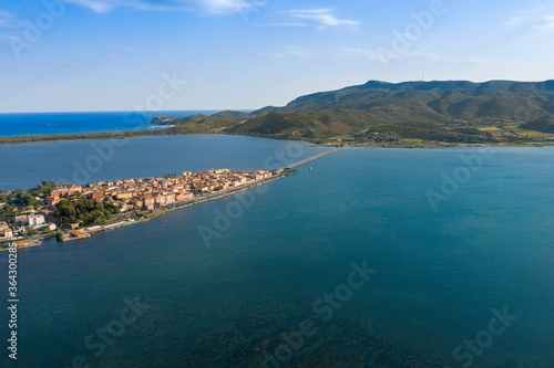 aerial view of orbetello in the province of grosseto with the lagoon of levante Porto Ercole and Monte Argentario
