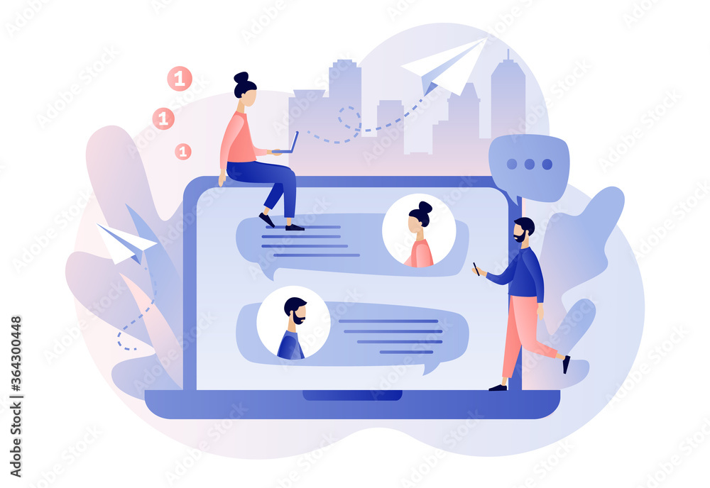 Mobile chat App. Tiny people using laptop for chatting. Online communication, social networking, messages, speech bubbles. Modern flat cartoon style. Vector illustration on white background Mobile chat App. Tiny people using laptop for chatting. Online communication, social networking, messages, speech bubbles. Modern flat cartoon style. Vector illustration on white background