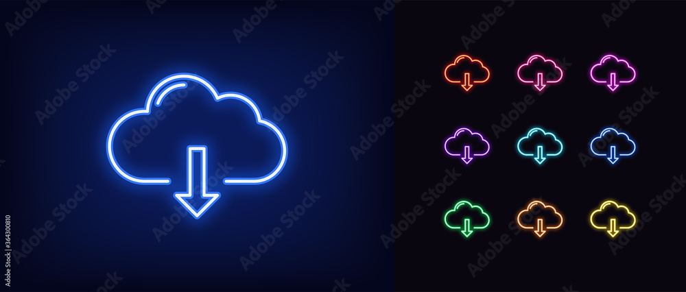 Neon cloudy download icon. Glowing neon cloud storage sign Neon cloudy download icon. Glowing neon cloud storage sign
