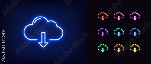 Neon cloudy download icon. Glowing neon cloud storage sign