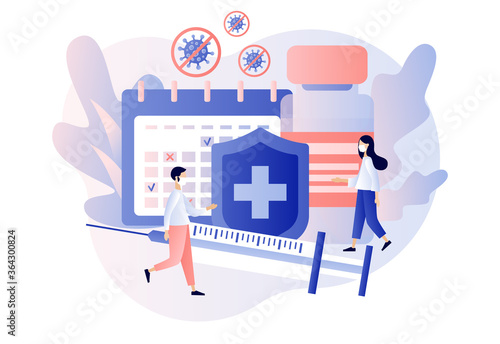 Vaccination concept. Time to vaccinate. Tiny people doctors against the virus with vaccine, syringe, bottle, sign of protection and calendar. Modern flat cartoon style. Vector illustration
