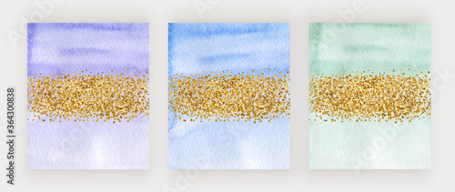 Purple, blue and green watercolor cover design with gold glitter texture, confetti 