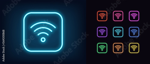 Neon wifi icon. Glowing neon wi fi sign photo