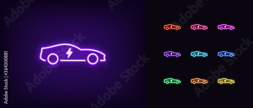 Neon electric car icon. Glowing neon electro car sign, electric vehicle