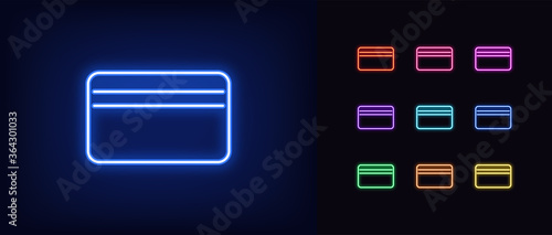 Neon bank card icon. Glowing neon credit card sign, online banking