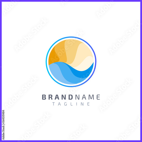 Ocean waves with sun in circle with flat color. Simple and modern logo design