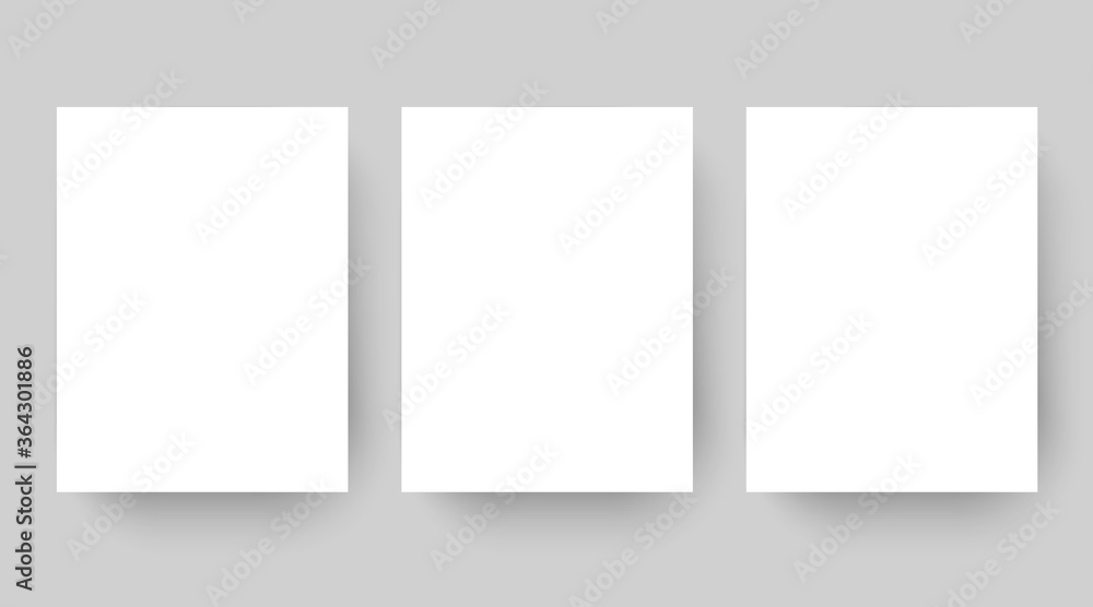 Empty affiche mockup copy. Blank white paper sheet template set isolated on grey background. Poster with drop shadows, A4 page mockup for print production as cover , banner vector illustration Empty affiche mockup copy. Blank white paper sheet template set isolated on grey background. Poster with drop shadows, A4 page mockup for print production as cover , banner vector illustration