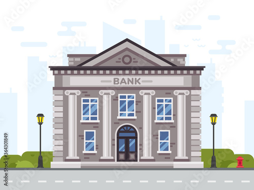 Bank or government building, architecture with columns. Classical public building facade or exterior with entrance. Financial institution for money saving with cityscape vector illustration