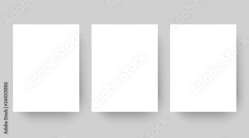 Empty affiche mockup copy. Blank white paper sheet template set isolated on grey background. Poster with drop shadows, A4 page mockup for print production as cover , banner vector illustration