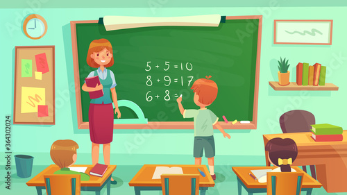 Maths class, woman teacher and pupils sitting at desks in room. Kids learning mathematics, having lesson. Boy doing calculation on blackboard. Education concept, knowledge vector illustration