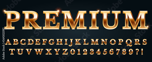 Premium golden font. Luxury alphabet, numbers and punctuation marks. Metal gold chic and glossy typography with glowing effect. Latin letters isolated on black background vector illustration