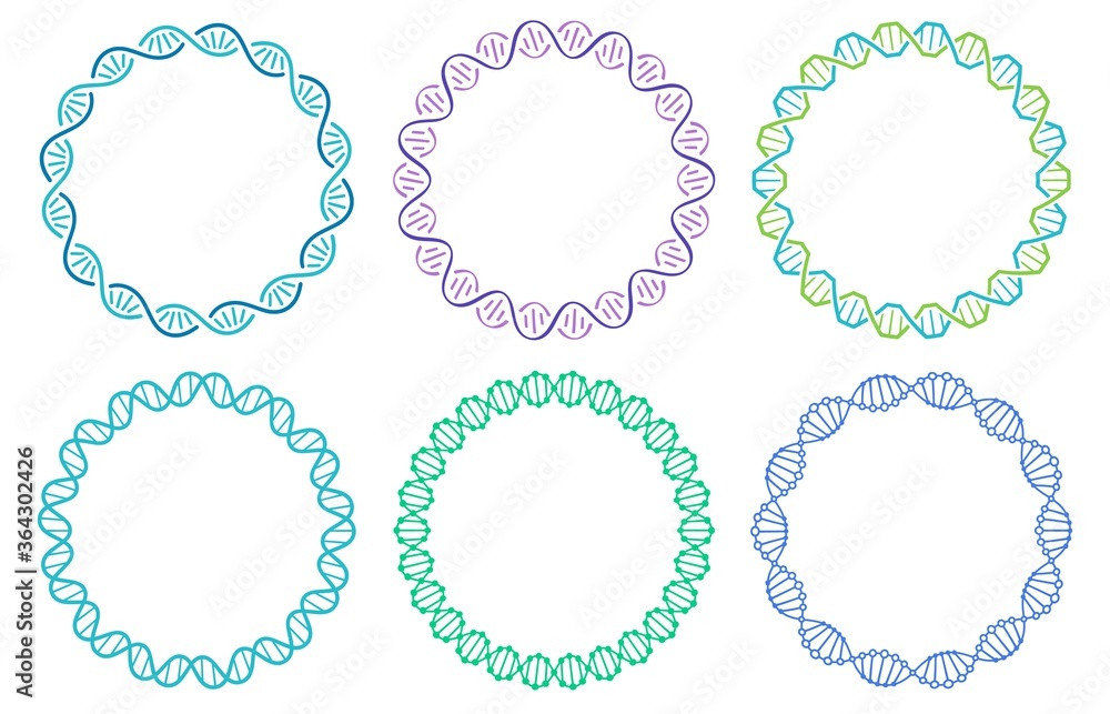DNA spiral frame set. Human genome helix isolated on white background. Genetic concept for science or medicine. Colorful molecule border for biology or biotechnology vector illustration