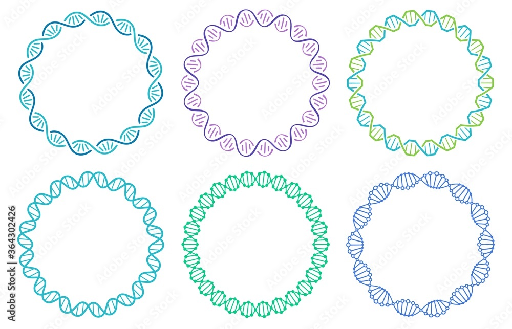 DNA spiral frame set. Human genome helix isolated on white background. Genetic concept for science or medicine. Colorful molecule border for biology or biotechnology vector illustration DNA spiral frame set. Human genome helix isolated on white background. Genetic concept for science or medicine. Colorful molecule border for biology or biotechnology vector illustration