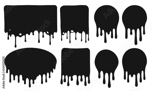 Black dripping frames. Flowing dark fluid or liquid with paint drops. Oil drops leaking from frames of different shape as circle, square, rectangle and ellipse. Pouring ink vector illustration photo
