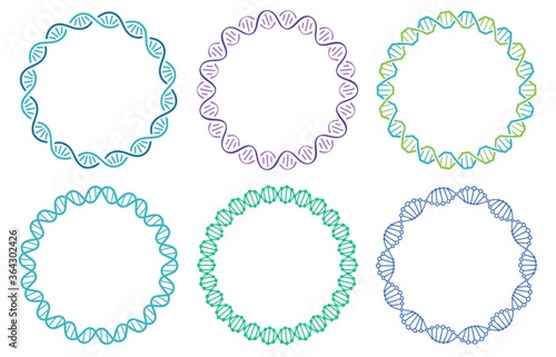 DNA spiral frame set. Human genome helix isolated on white background. Genetic concept for science or medicine. Colorful molecule border for biology or biotechnology vector illustration