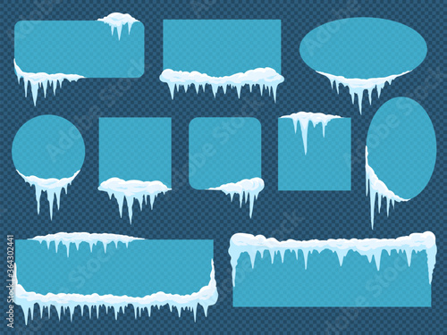 Frames with snow and ice. Frozen borders with snowflakes of different shape as circle, square, rectangle and ellipse isolated on transparent background. Snowy caps vector illustration