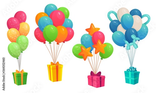 Gifts hanging on colorful balloons bunch. Boxes of different color and shape with ribbon bow for birthday present or celebration. Happy event decor for children vector illustration