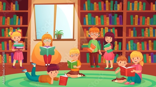 Kids in library reading books. Girls and boys learning, getting knowledge. Young students doing homework, studying. Children bookworms, preschool education, elementary pupils vector illustration