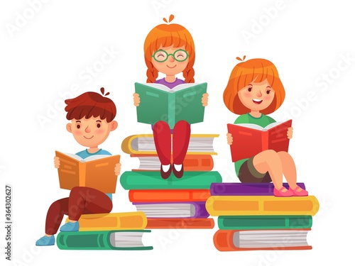 Kids sitting on stacks of books and reading literature. Boy and girls learning or studying. Teenage children having school education. Pupils holding textbooks getting knowledge vector illustration