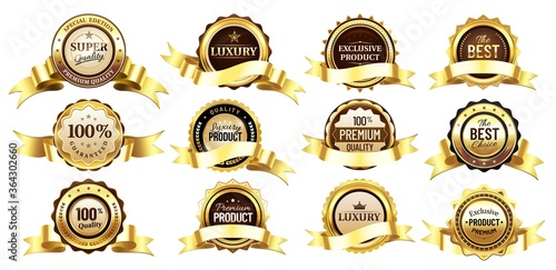 Luxury golden badges with tapes or ribbons. Reward for premium or super quality. Best choice, exclusive product. Gold labels for shop business, round seal icon template vector illustration