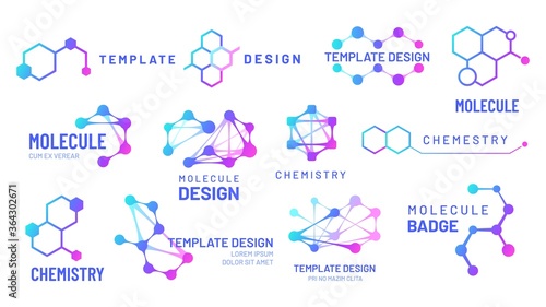 Molecule logos. Chemistry and science logotype with hexagonal structure and molecular grids templates. Biological model, dna molecule connection isolated on white vector illustration