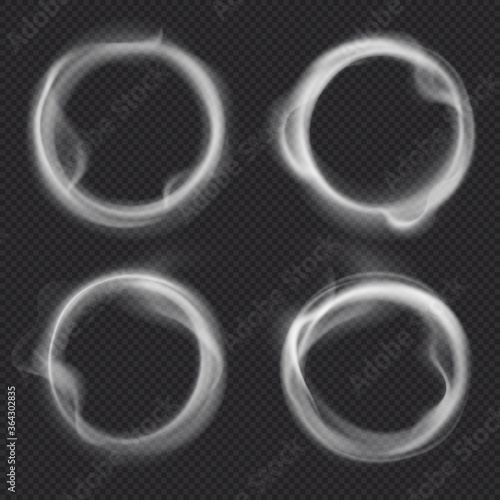 Smoke rings. Abstract realistic vape round symbol. Steam frame after cigarette, pipe or hookah smoking. Puffing, realistic fog flowing in round border isolated on transparent background