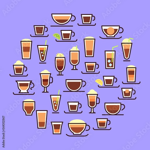 Types of coffee. Hot drinks in glass cups with milk. Espresso, macchiato and latte with cream. Recipe and proportions of making tasty coffee. Composition for restaurant menu or advertisement