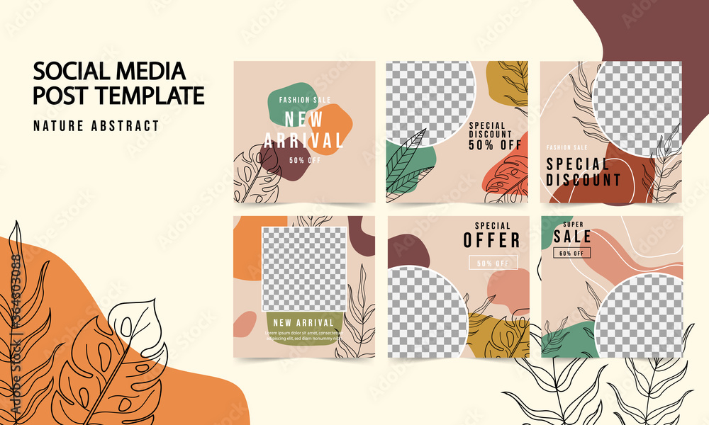 Set of Social Media Template with abstract shape, line and leaves. Contemporary modern trendy Vector illustrations. pastel colors