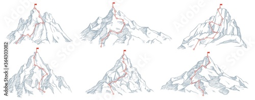 Sketch route to mountain peak. Hand drawn sketch mountains, path to top and climbing journey plan vector illustration set. Red flag on top. High destination, achievement and success symbol