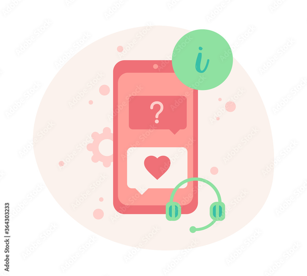 Technical support vector illustration. Image of mobile phone, support conversation and headset. Technical support vector illustration. Image of mobile phone, support conversation and headset.