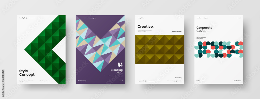 Company identity brochure template collection. Business presentation vector A4 vertical orientation front page mock up set. Corporate report cover abstract geometric illustration design layout bundle.