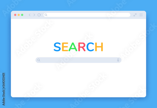 Internet search window. Browser search engine page, blank website tab, searching screen panel homepage isolated flat vector template. Network page with icon elements in frame for computer