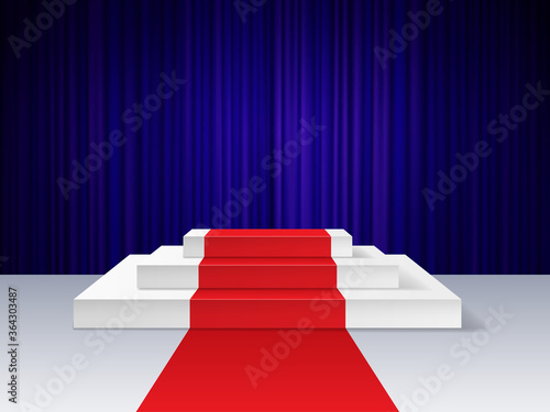 Red carpet to podium. Realistic empty pedestal for award ceremony with illumination, platform for show, cinema presentation vector concept. Dark curtains on background, night event