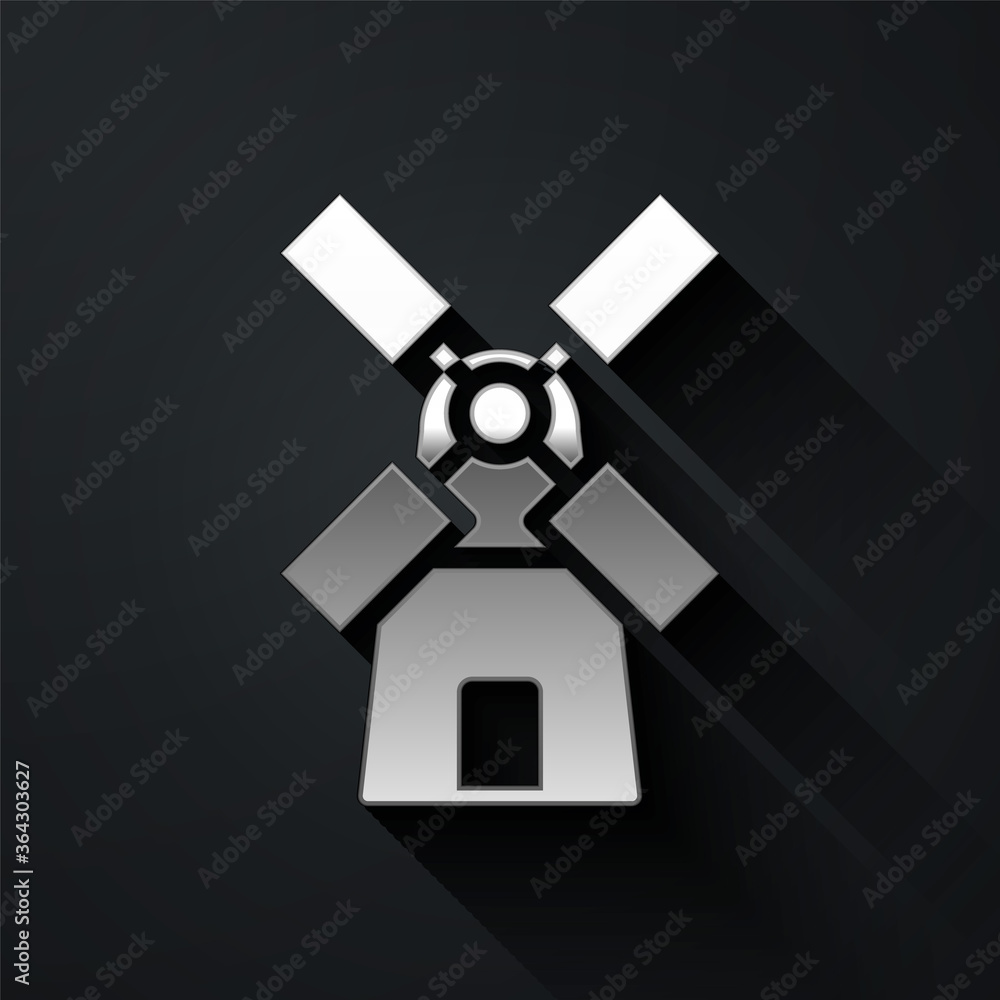 Silver Windmill icon isolated on black background. Long shadow style. Vector.