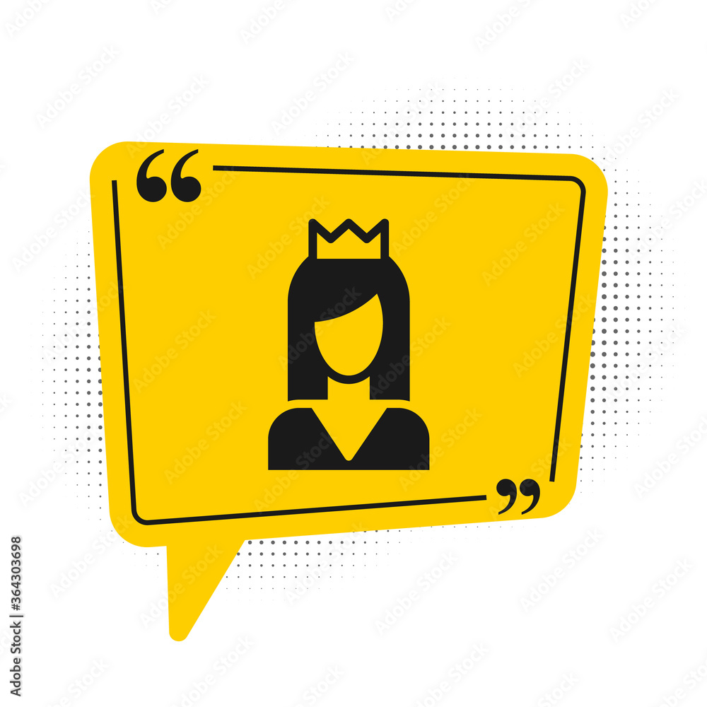 Black Princess icon isolated on white background. Yellow speech bubble symbol. Vector.