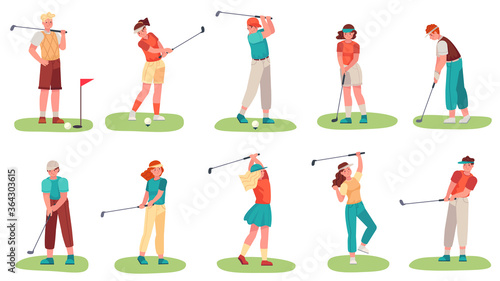 Golf playing. Men and women training with golf clubs on green grass, sport hobby players golfer in uniform, cartoon set vector illustration. Male and female character in different position