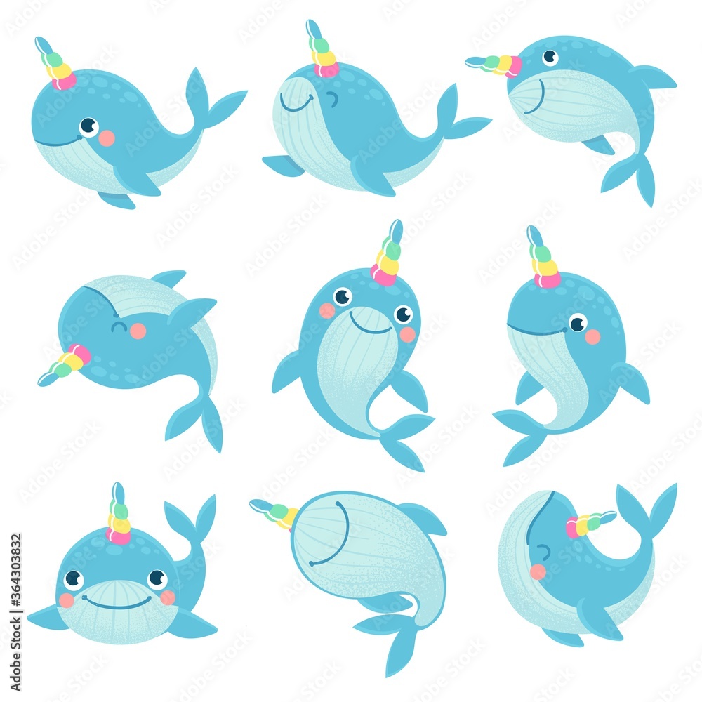 Whale unicorn. Cute marine inhabitants colorful adorable whales