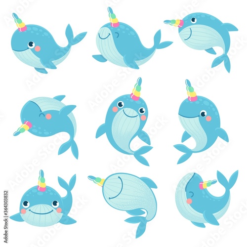 Whale unicorn. Cute marine inhabitants colorful adorable whales unicorns, funny animals childrens anime creatures, cartoon vector characters. Narwhal with colorful horn isolated on white