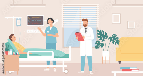 Hospital room. Patient in bed hospital ward, doctor and nurse provide medical care, intensive therapy, healthcare flat vector concept. Man character lying in bed with dropper having treatment