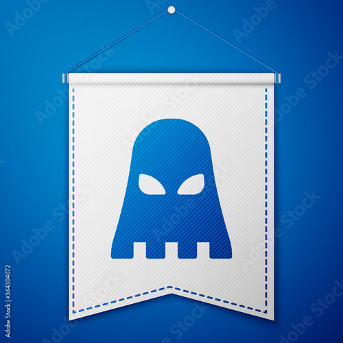 Blue Executioner mask icon isolated on blue background. Hangman, torturer, executor, tormentor, butcher, headsman icon. White pennant template. Vector.