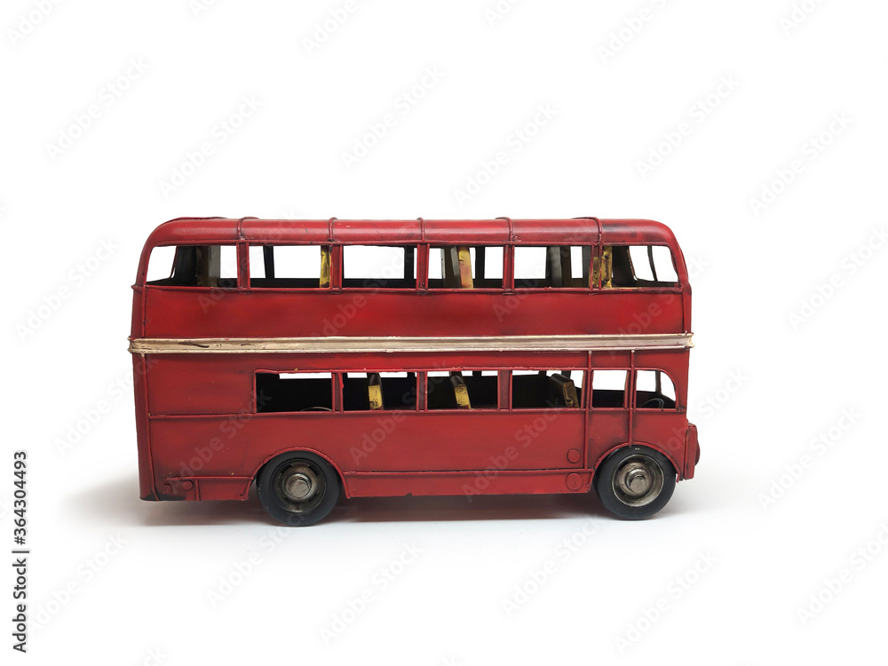 Isolated red bus double deckers toys vintage style, is on white background. Clipping Path.